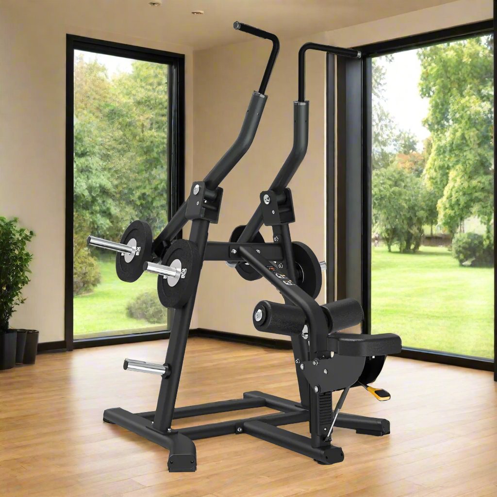 Attack Strength Adjustable Plate Loaded Lat Pulldown - Matte Black home gym setting