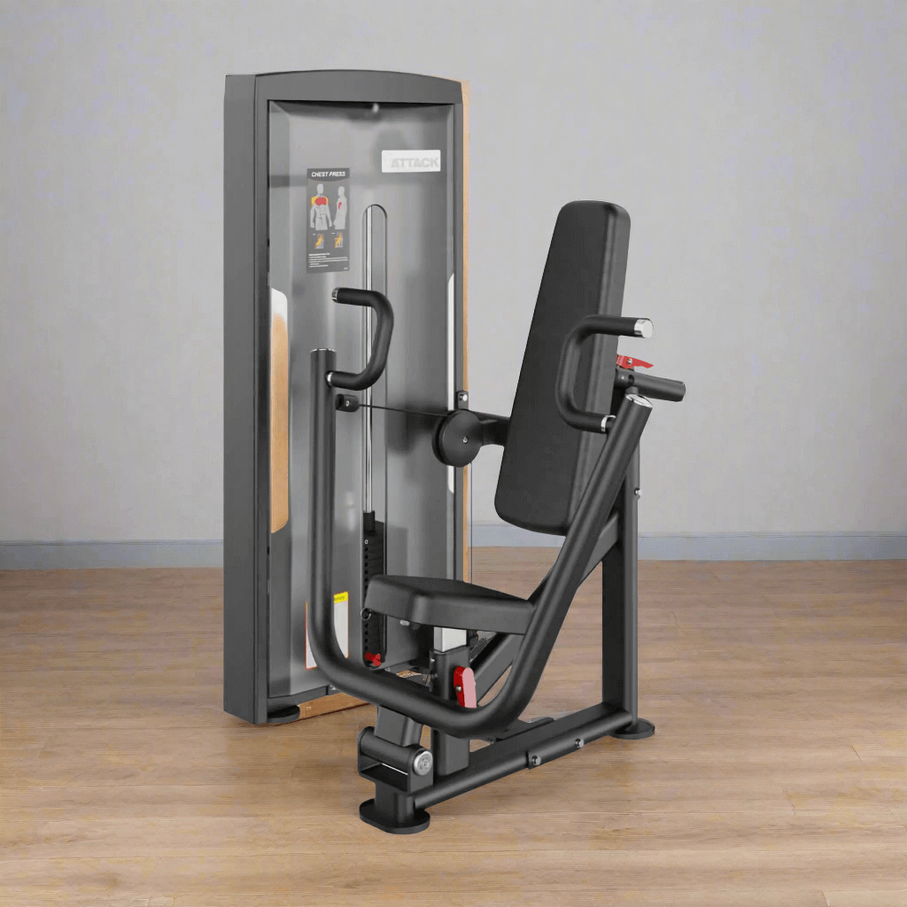 Attack Fitness Chest Press - Gym setting -In Black, User-Friendly with clear instructions on how to use.