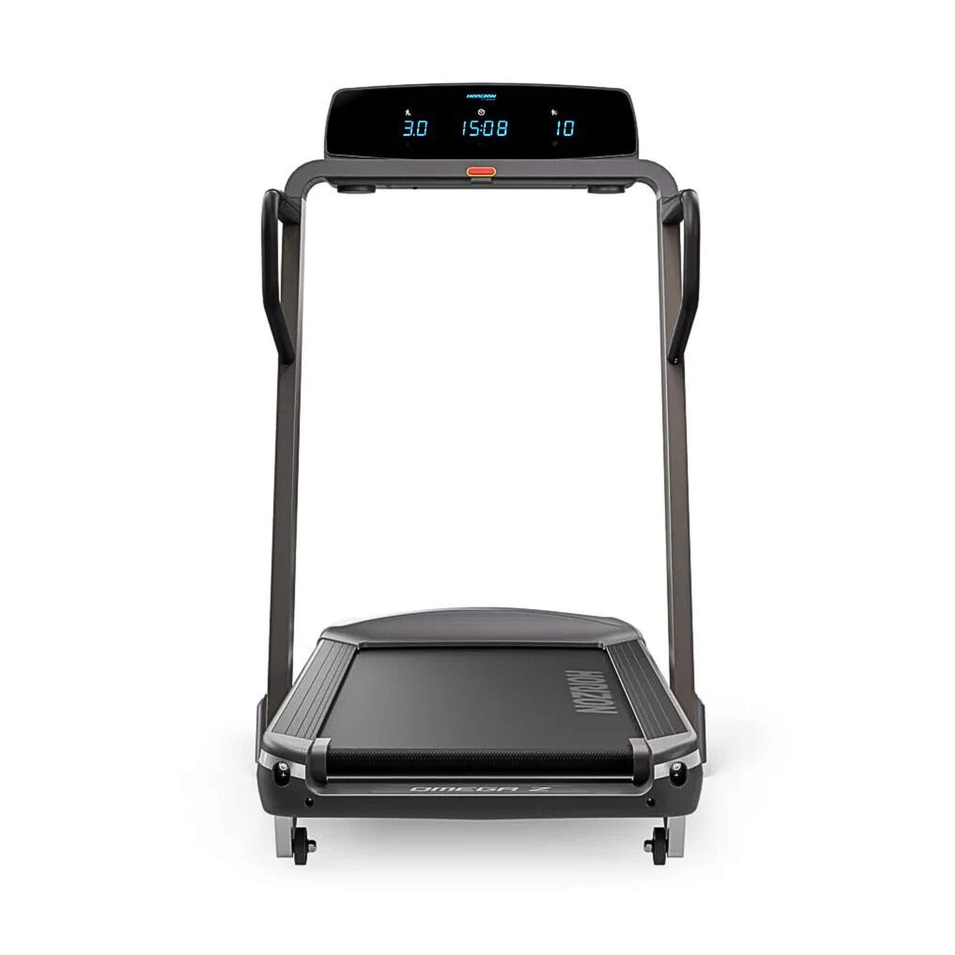 Horizon Fitness Omega Z @ZONE Treadmill in grey showing the monitor