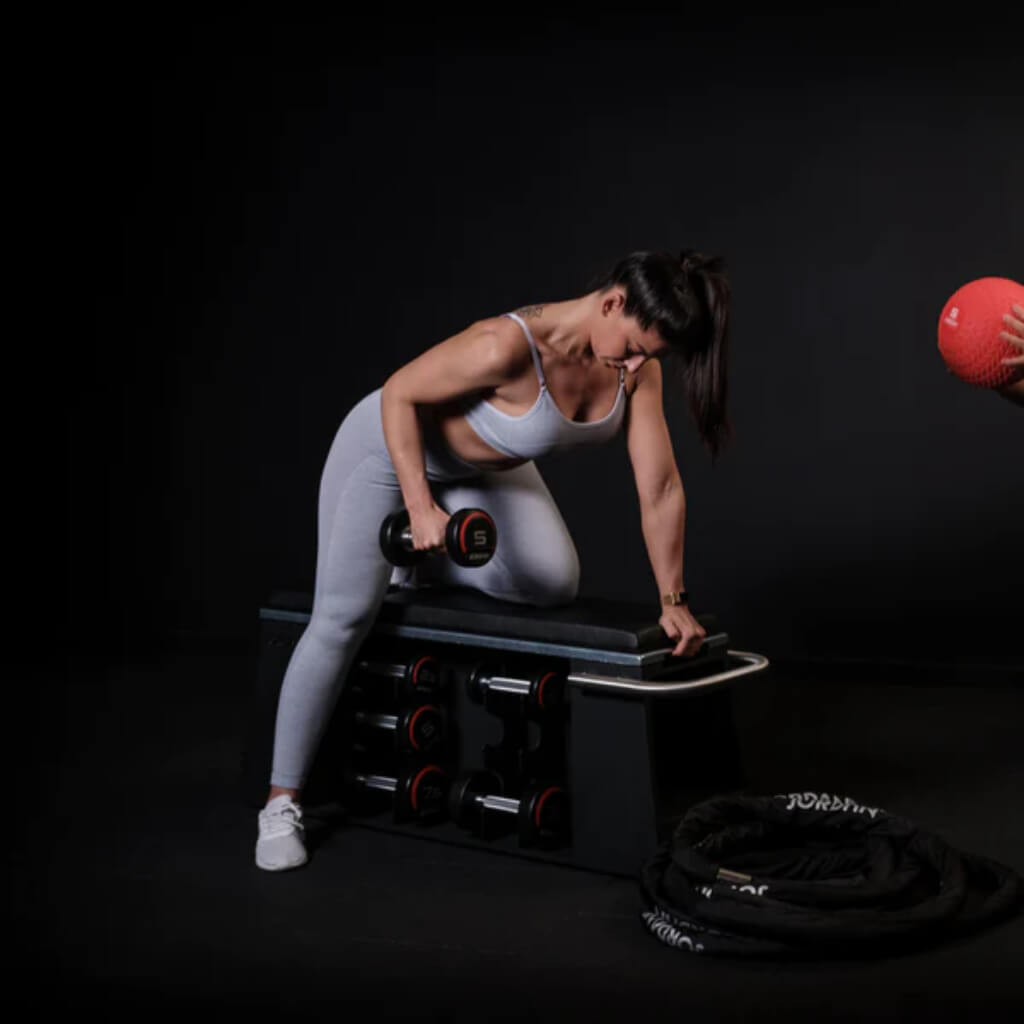 Jordan Fusion HIIT Bench. A space-saving workout bench that can hold all the essential cardio and strength training equipment.