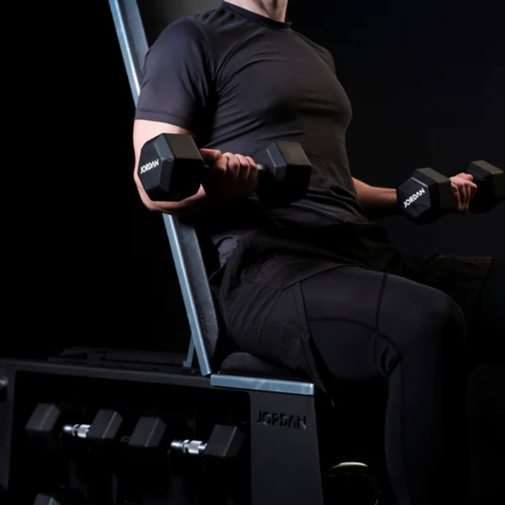 Jordan Fusion HIIT Bench. A space-saving workout bench that can hold all the essential equipment needed for cardio and strength training.