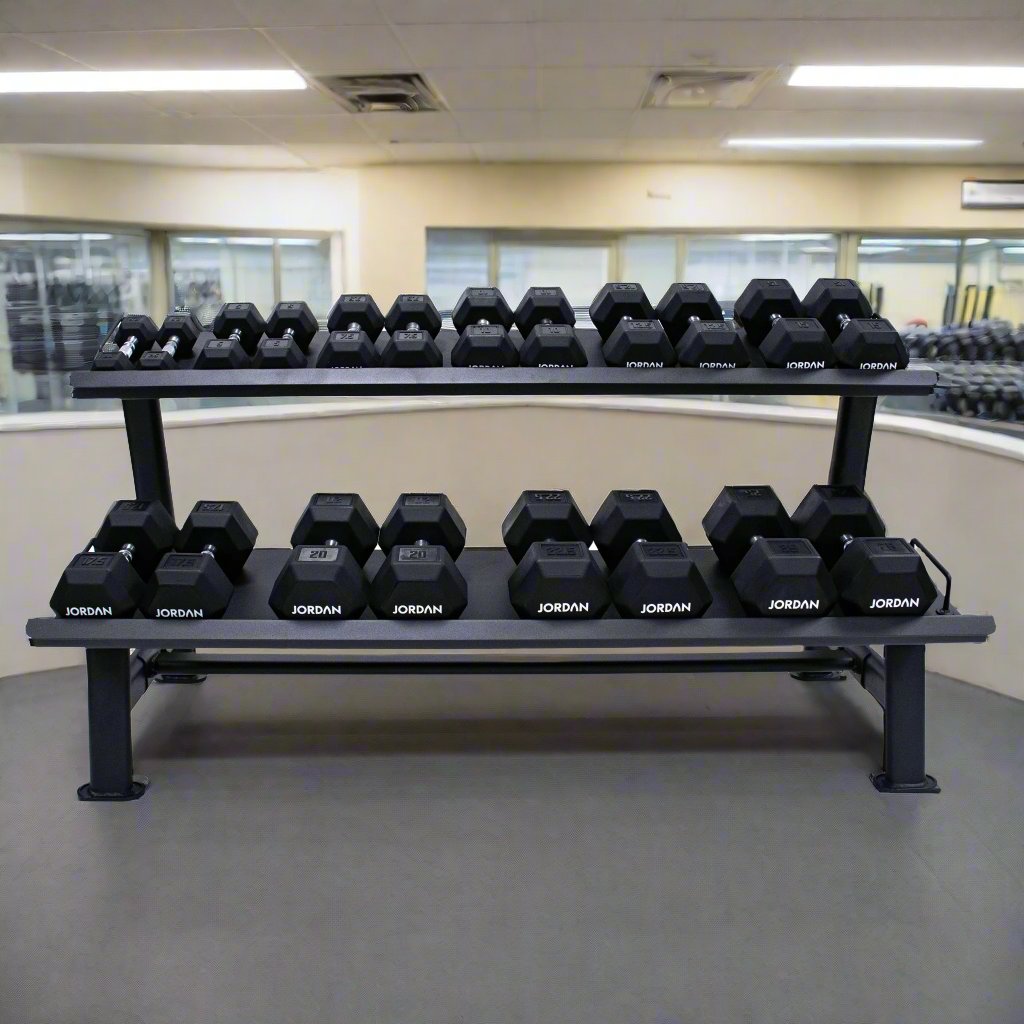 Jordan Fitness Hex Dumbbell Rack - 2 Tier or, Black - 10 - pair - Front View - gym setting