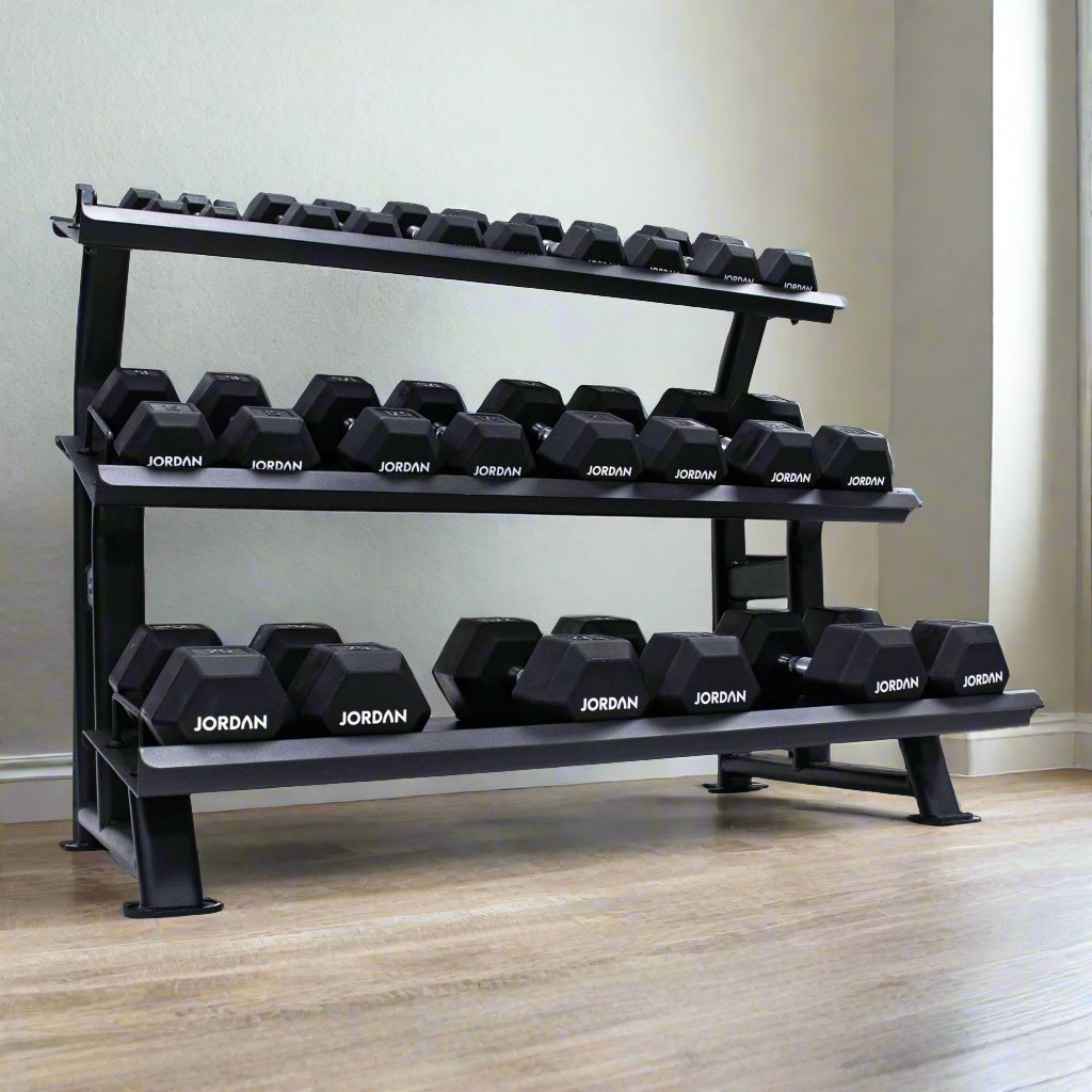 Jordan Fitness Hex Dumbbell Rack - 2 Tier or, Black - 10 - Pair - Angle View