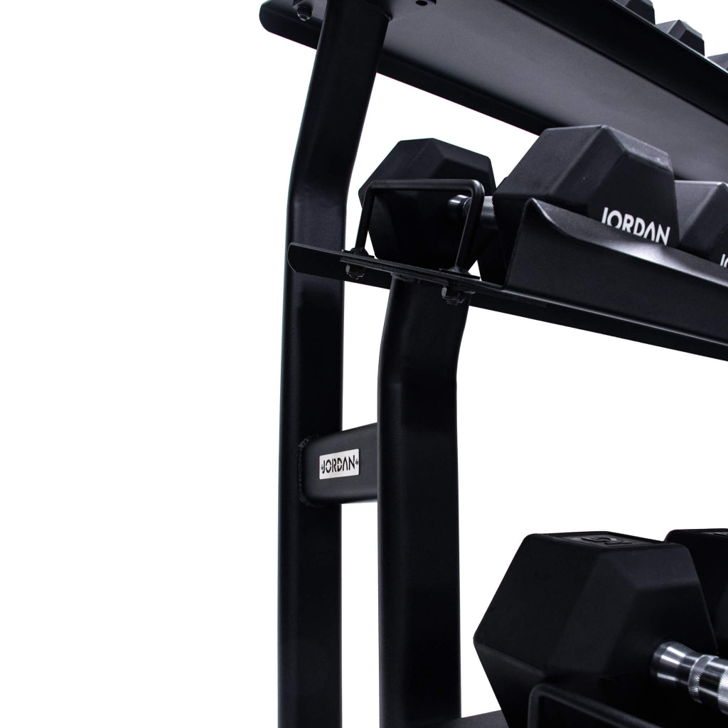 Jordan Fitness Hex Dumbbell Rack - 2 Tier or, Black - 10 - pair - close view of side