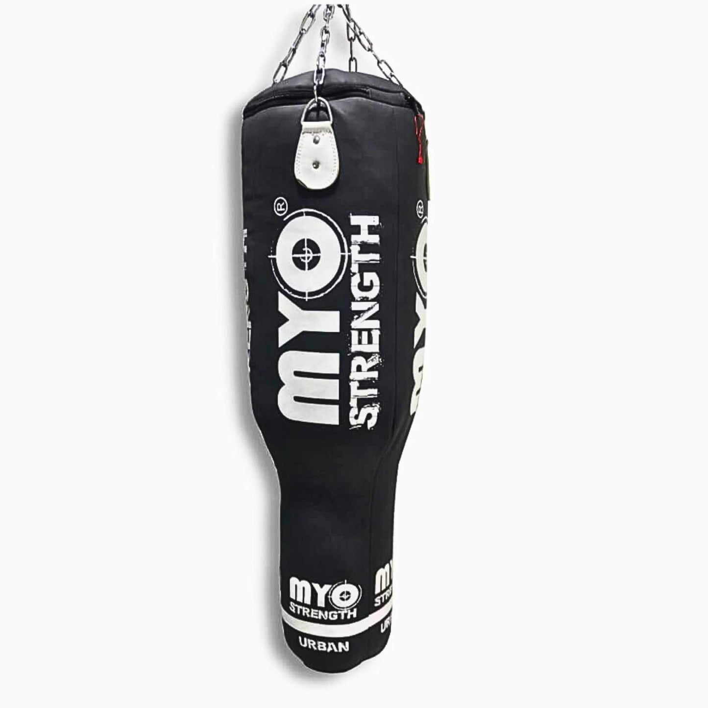 Myo Strength Punch Bag - Angle 4ft - Leather - Heavy-Duty in black and white