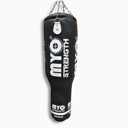 Myo Strength Punch Bag - Angle 4ft - Leather - Heavy-Duty in black and white