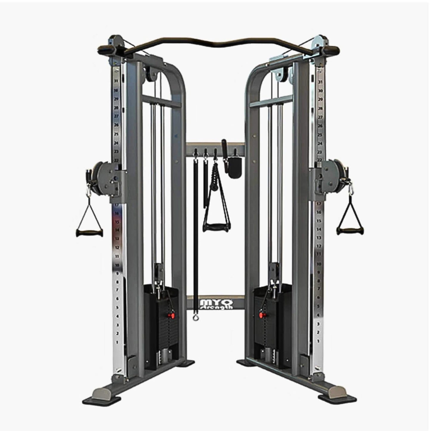 Myo Strength Dual Adjustable Pulley Cable Machine. The silver and black frames and high-quality upholstery give these machines a sleek and stylish appearance with x2 80kg weight stacks, easy adjustments, and durable features such as non-absorbing PVC grips.