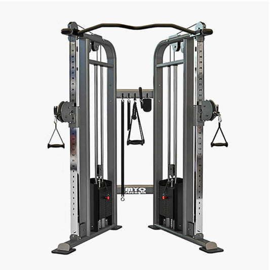 Myo Strength Dual Adjustable Pulley Cable Machine. The silver and black frames and high-quality upholstery give these machines a sleek and stylish appearance with x2 80kg weight stacks, easy adjustments, and durable features such as non-absorbing PVC grips.