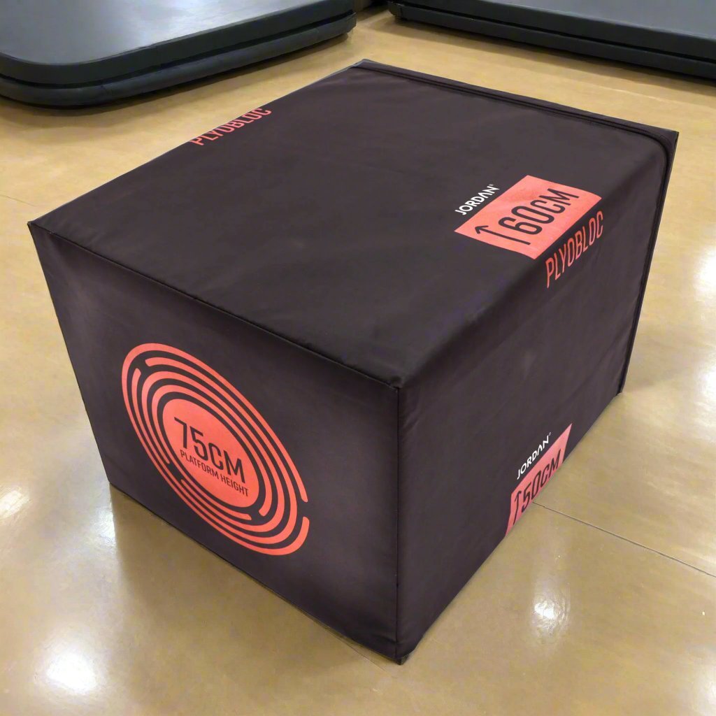 Jordan_Fitness 3-in-1 Soft Plyo Block in a gym setting. Made of high-density foam blocks covered in non-slip vinyl