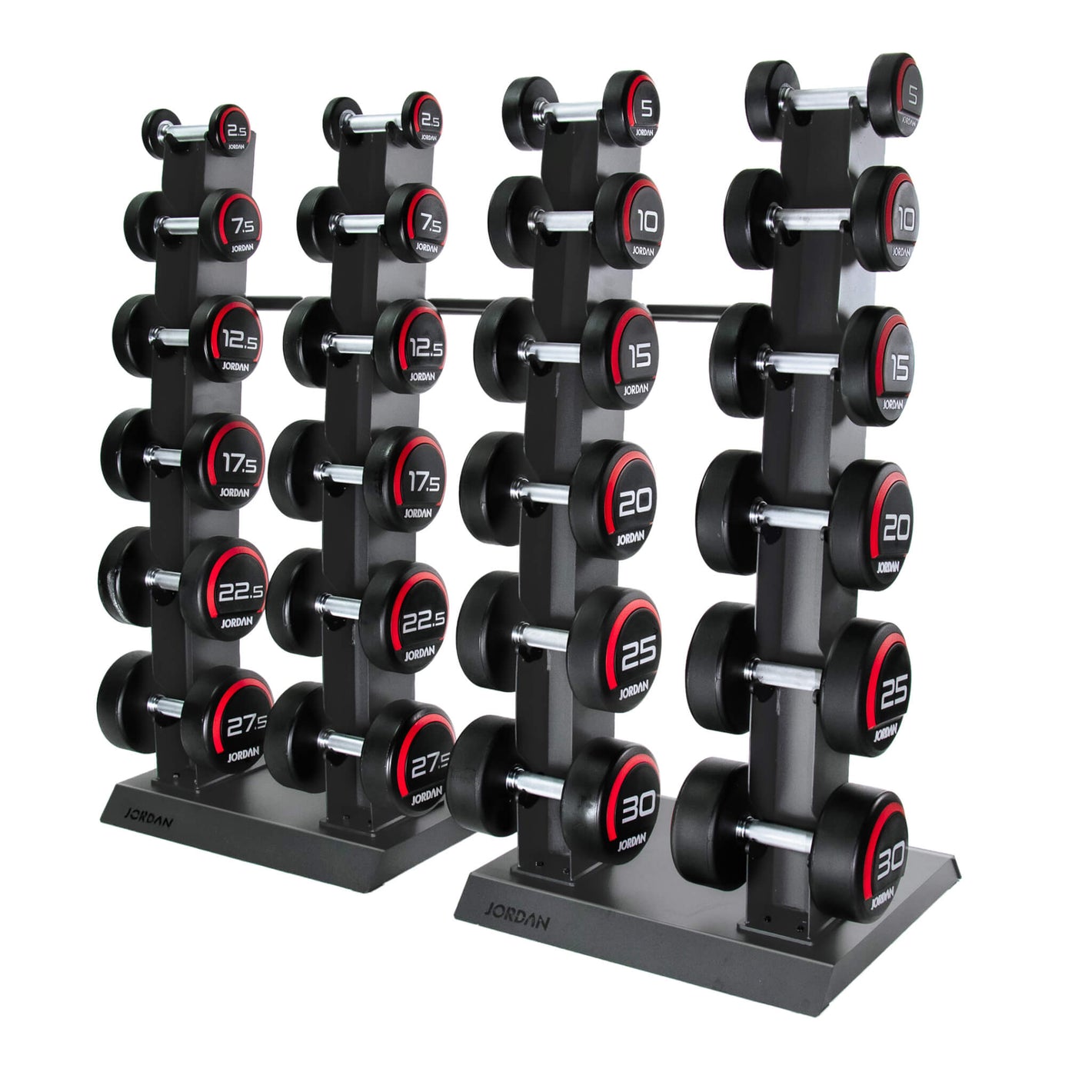 12 Pair Vertical Dumbbell Rack 2.5kg-30kg - Grey with rubber Dumbbells on show