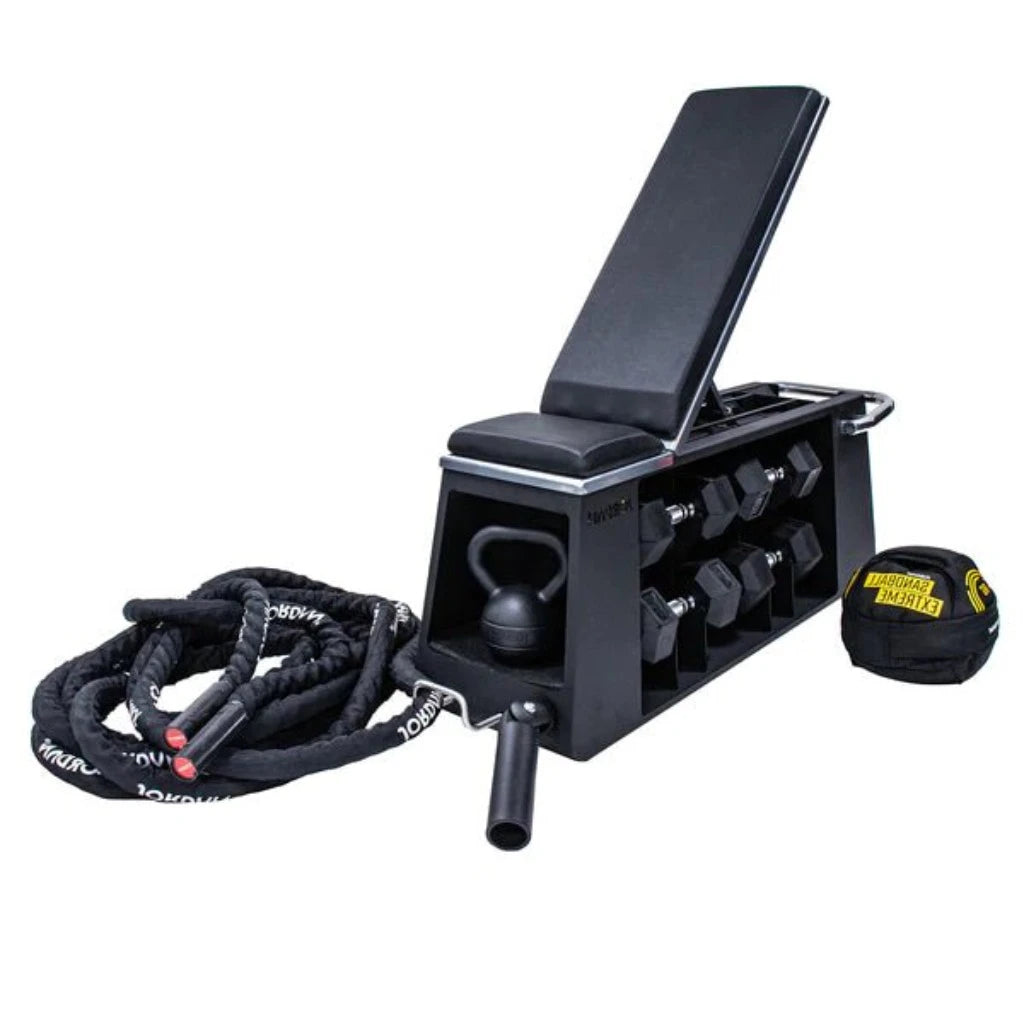 Jordan Fusion HIIT Bench. A space-saving workout bench that can hold all the essential equipment needed for cardio and strength training.