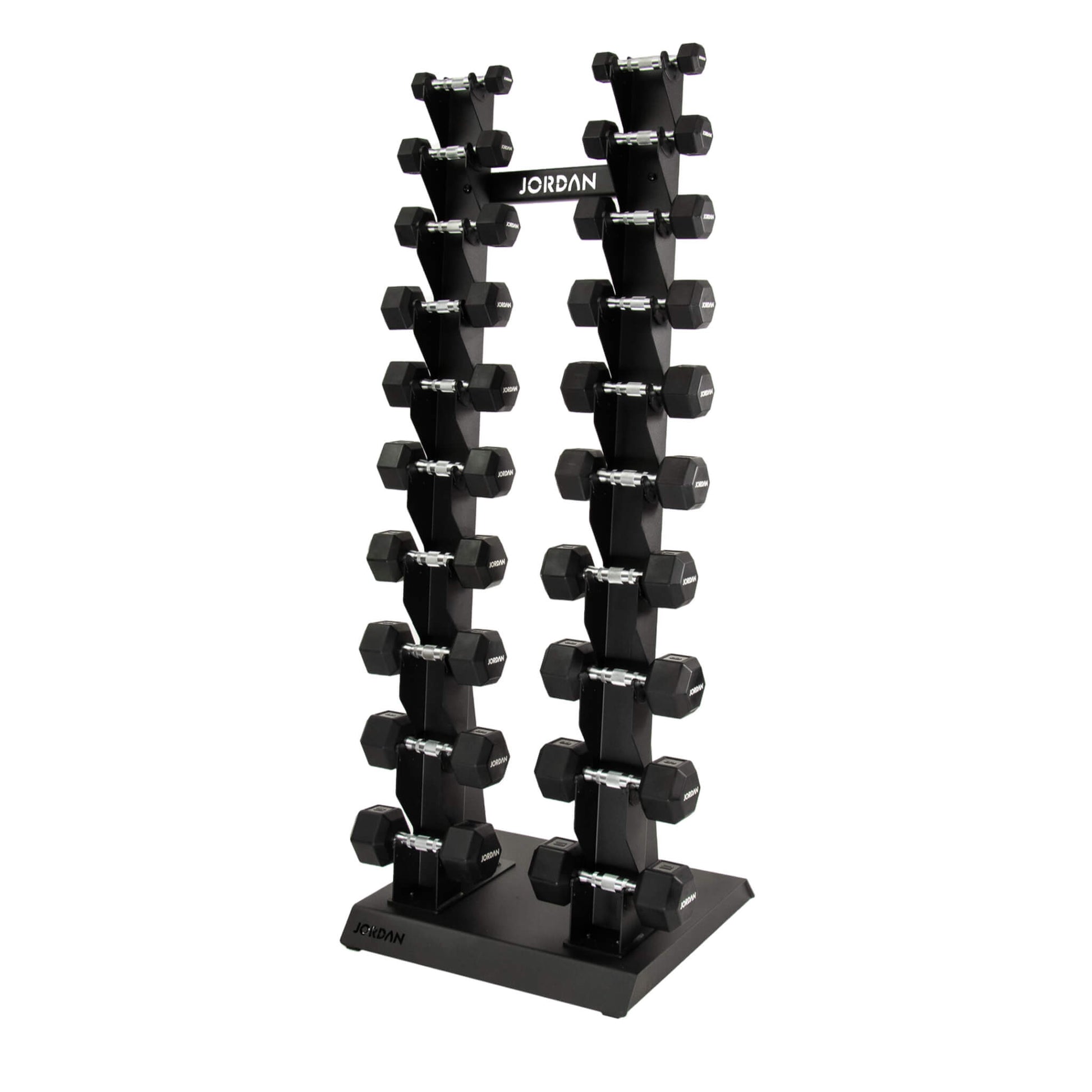 10 Pair Vertical Dumbbell Rack 1kg-10kg - Black hex dumbbells on show