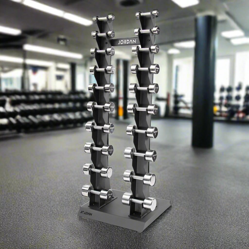 10 Pair Vertical Dumbbell Rack 1kg-10kg - Grey Chrome dumbbells on show in a gym setting