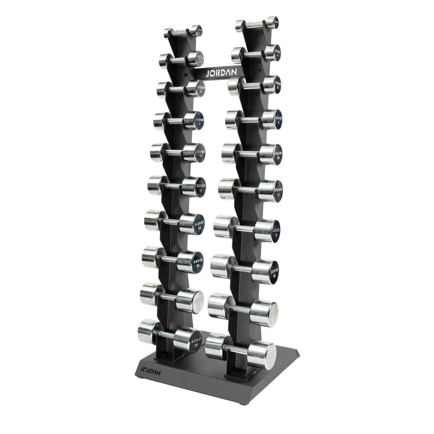 10 Pair Vertical Dumbbell Rack 1kg-10kg - Grey Chrome dumbbells on show