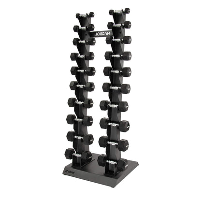 10 Pair Vertical Dumbbell Rack 1kg-10kg - Black hex dumbbells on show