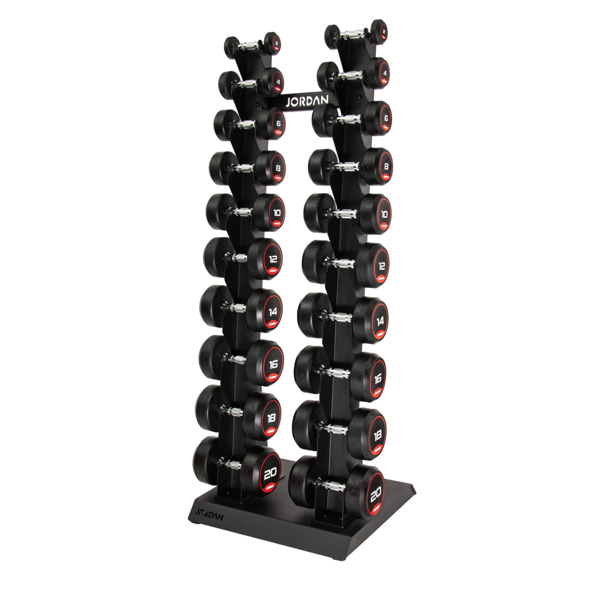 10 Pair Vertical Dumbbell Rack 2kg-20kg - Black rubber dumbbells on show