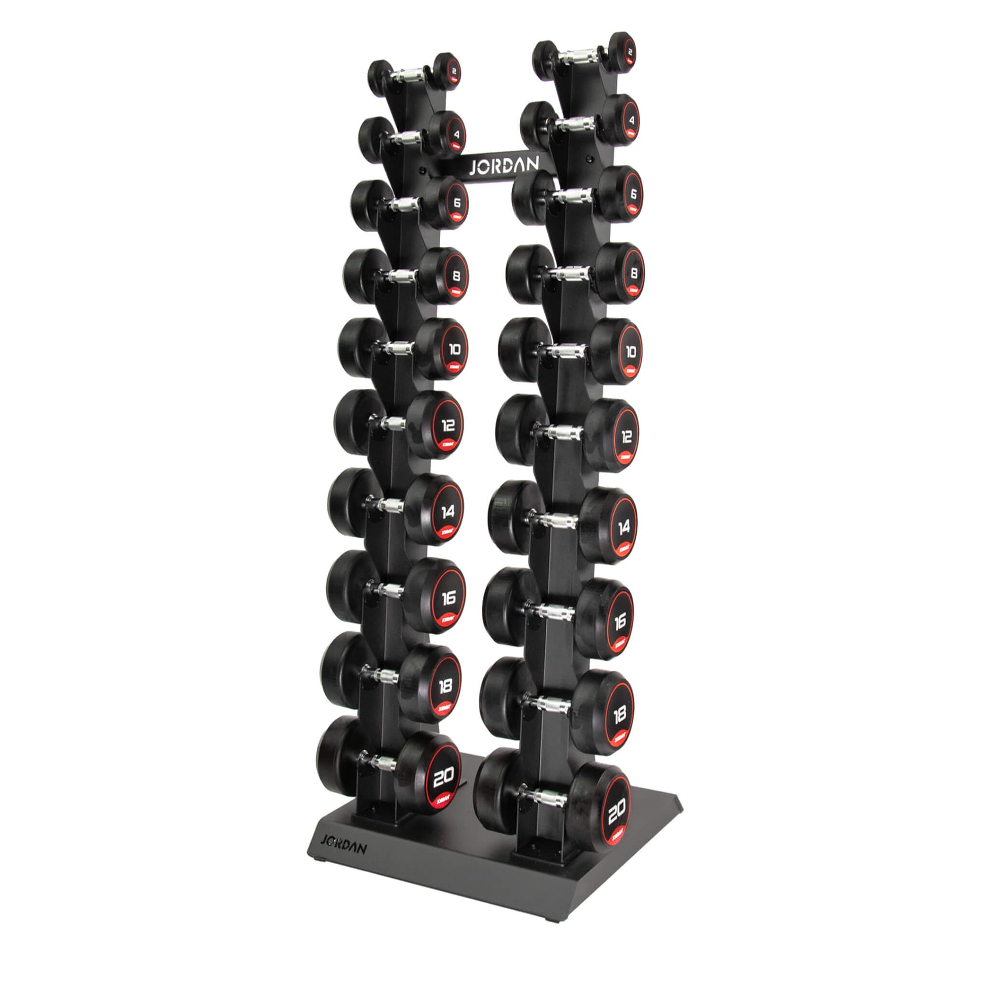 10 Pair Vertical Dumbbell Rack 2kg-20kg - Grey rubber dumbbells on show