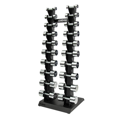 10 Pair Vertical Dumbbell Rack 2kg-20kg - Black Chrome dumbbells on show