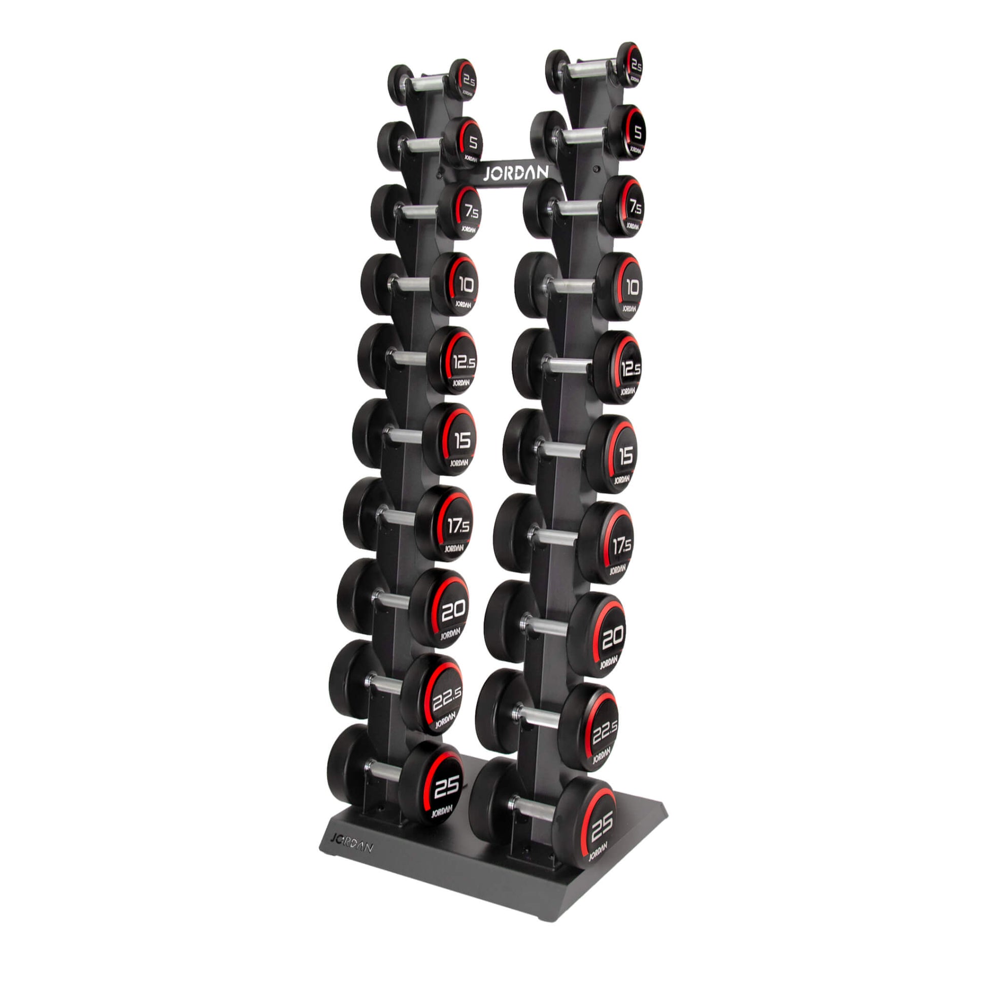 10 Pair Vertical Dumbbell Rack 2.5kg-25kg - Grey rubber dumbbells on show