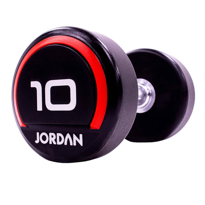 10kg Jordan Fitness Rubber Dumbbells - Red - angle view