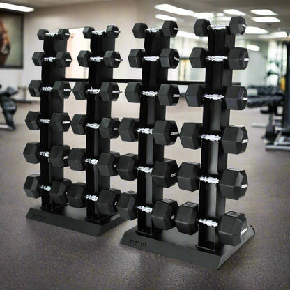 12 Pair Vertical Dumbbell Rack 2.5kg-30kg - Black Hex Urethane Dumbbells on show in a gym setting