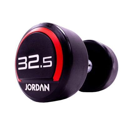 32.5kgJordan Fitness Rubber Dumbbells - Red - angle view