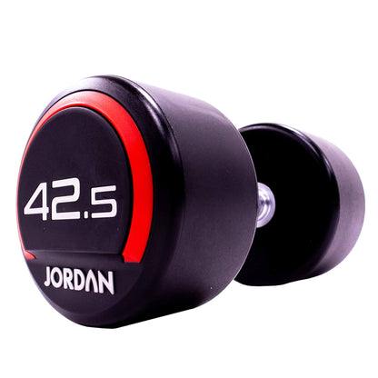 42.5kg Jordan Fitness Rubber Dumbbells - Red - angle view