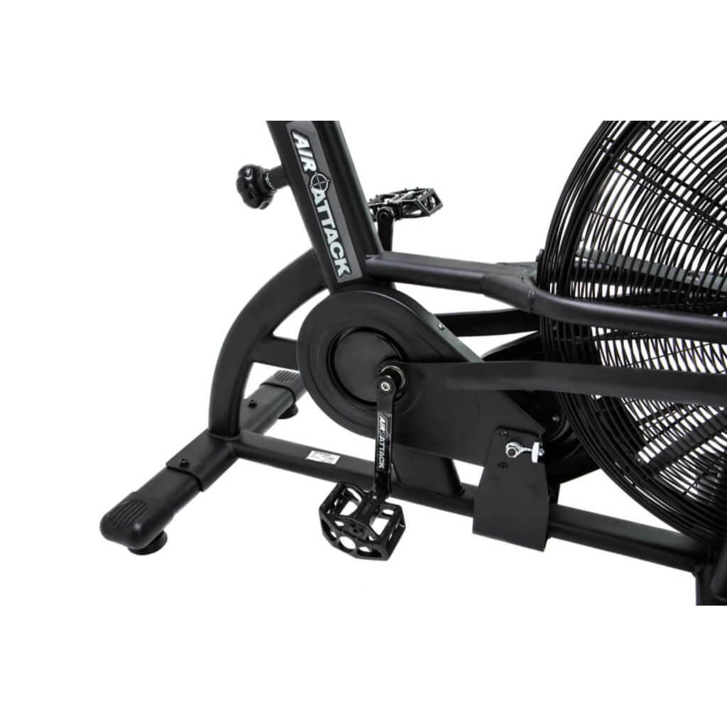 the Air Attack Bike, a high-quality fitness machine that seamlessly integrates traditional air bike features with a sturdy design. The dual-action mechanism targets both upper and lower body muscles
