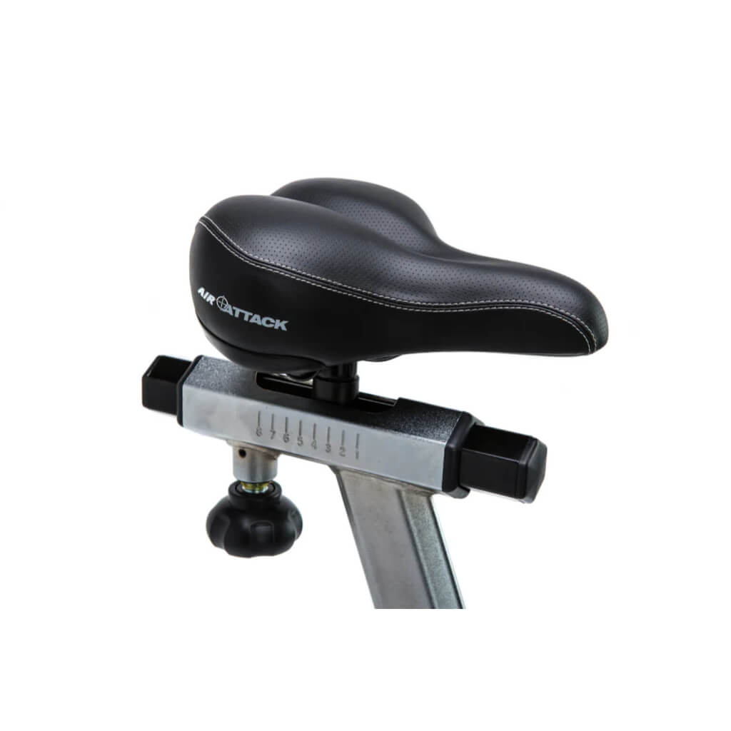 the Air Attack Bike seating, a high-quality fitness machine that seamlessly integrates traditional air bike features with a sturdy design. The dual-action mechanism targets both upper and lower body muscles