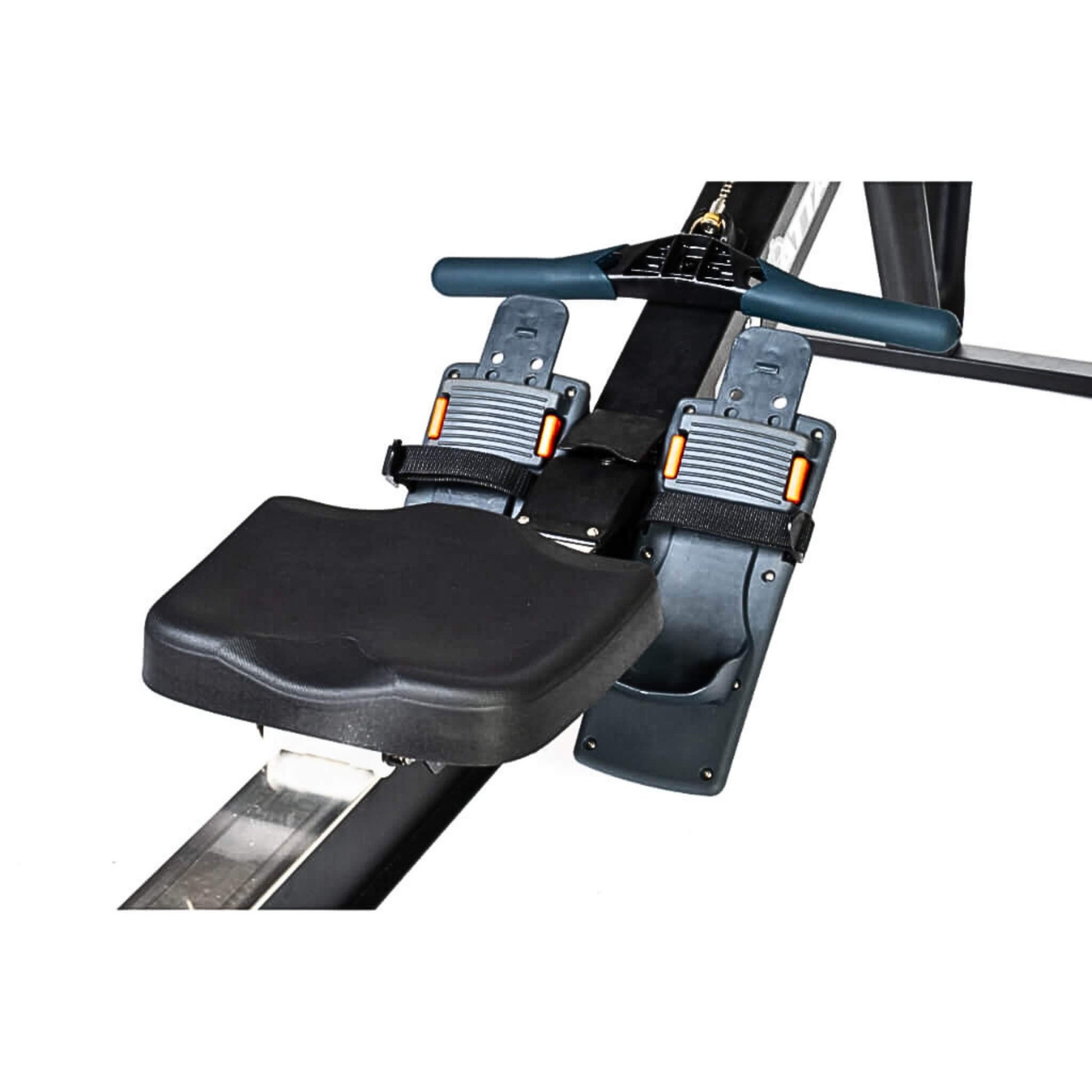 Attack Fitness Indoor Rowing Machine Back View - in Black - feet insert with velcro straps to secure your feet when in use.