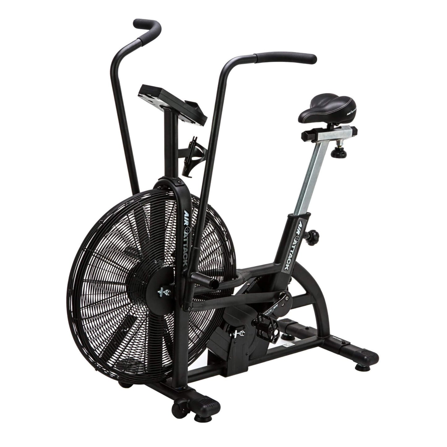 The Air Attack Bike in black - A high-quality fitness machine that seamlessly integrates traditional air bike features with a sturdy design. The dual-action mechanism targets both upper and lower body muscles