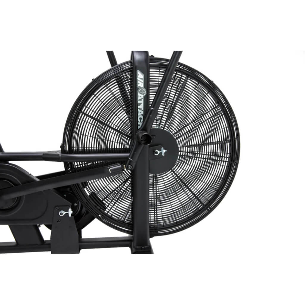 the Air Attack Bike, a high-quality fitness machine that seamlessly integrates traditional air bike features with a sturdy design. The dual-action mechanism targets both upper and lower body muscles