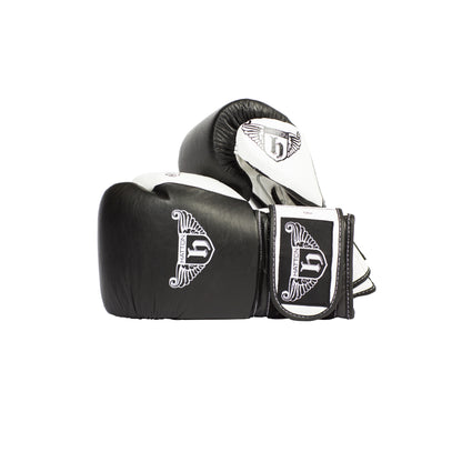 Hatton Pro Sparring Leather Velcro Gloves 10oz in black and white