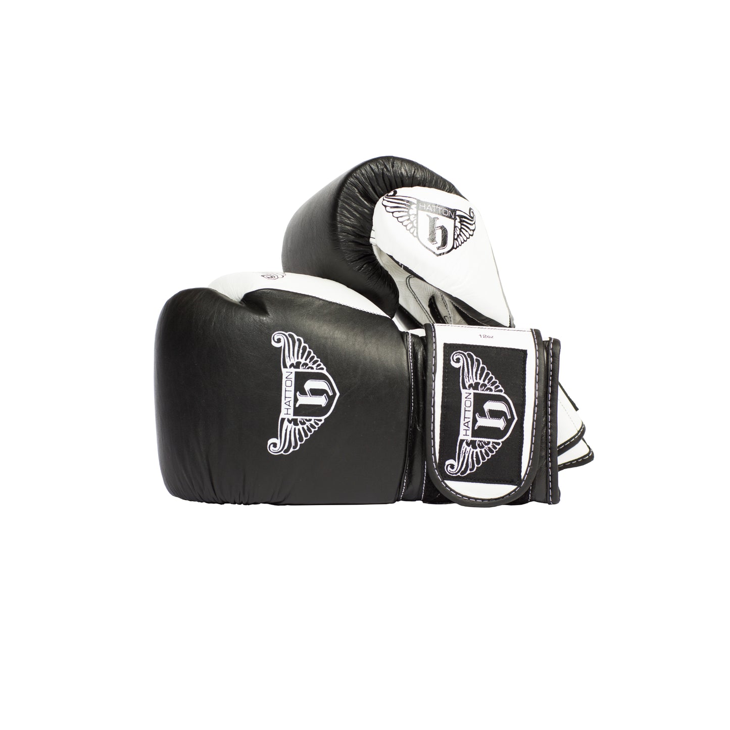 Hatton Pro Sparring Leather Velcro Gloves 14oz in black and white