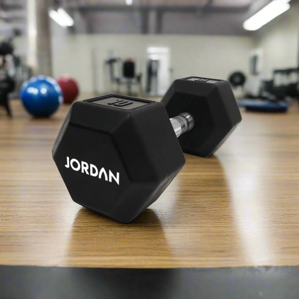 Introducing Our Upgraded Jordan Urethane HEX Dumbbells  The perfect addition to any home gym, smaller commercial clubs, or CrossFit Boxes, the Jordan Urethane HEX Dumbbells are engineered to provide a superior workout. black 10kg