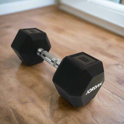 Introducing Our Upgraded Jordan Urethane HEX Dumbbells  The perfect addition to any home gym, smaller commercial clubs, or CrossFit Boxes, the Jordan Urethane HEX Dumbbells are engineered to provide a superior workout. black 10kg in a home gym