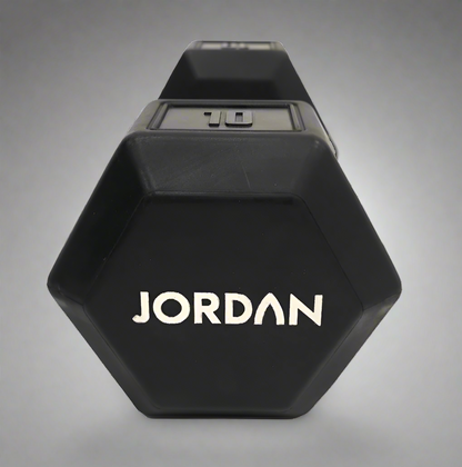 Introducing Our Upgraded Jordan Urethane HEX Dumbbells  The perfect addition to any home gym, smaller commercial clubs, or CrossFit Boxes, the Jordan Urethane HEX Dumbbells are engineered to provide a superior workout. black 10kg close view