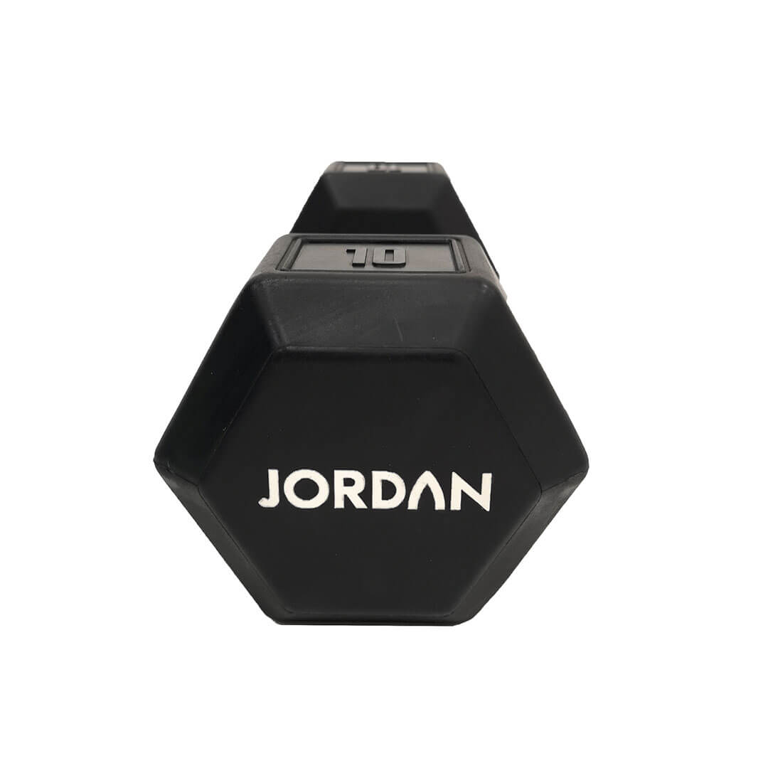 Introducing Our Upgraded Jordan Urethane HEX Dumbbells  The perfect addition to any home gym, smaller commercial clubs, or CrossFit Boxes, the Jordan Urethane HEX Dumbbells are engineered to provide a superior workout. black 10kg