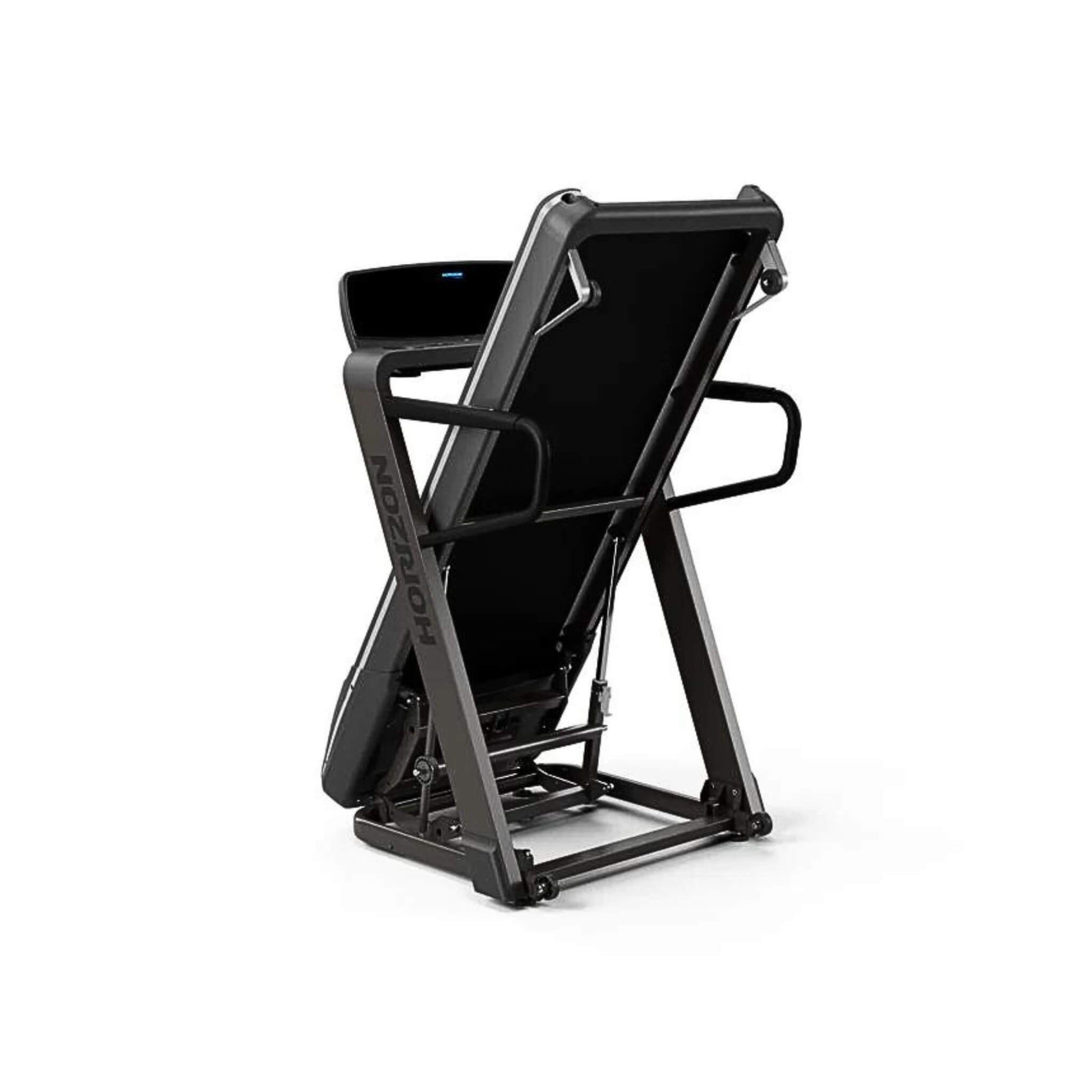 Horizon Fitness Omega Z @ZONE Treadmill - Grey - this image shows its foldable for easier storage