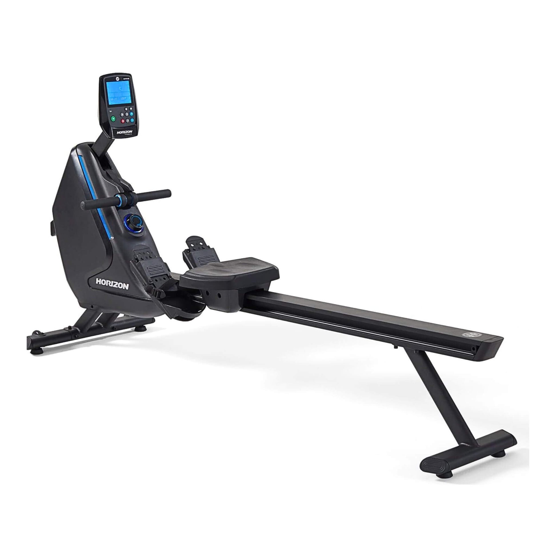 Horizon Fitness Oxford 6 Rowing Machine, wide-angle view, showing the seat and the digital monitor