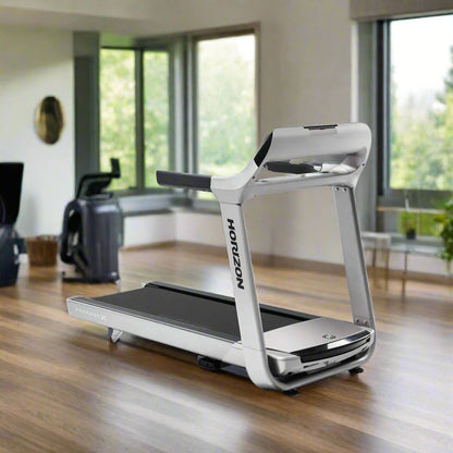 Horizon Fitness Paragon X @ZONE Treadmill in silver showing in a home gym setting.