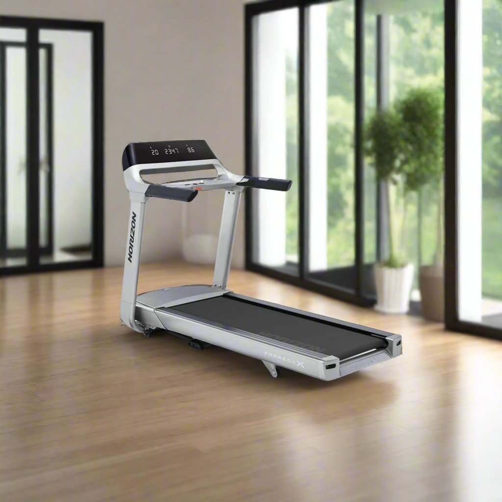 Horizon Fitness Paragon X @ZONE Treadmill in silver showing in a home gym setting