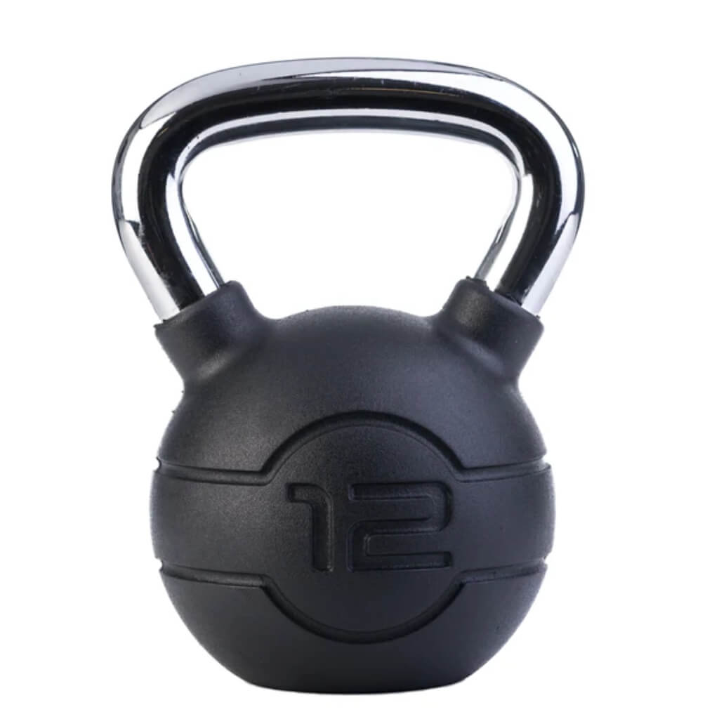Jordan Fitness - Chrome/Rubber Kettlebells 12KG . black rubber bottom with a chrome handle 