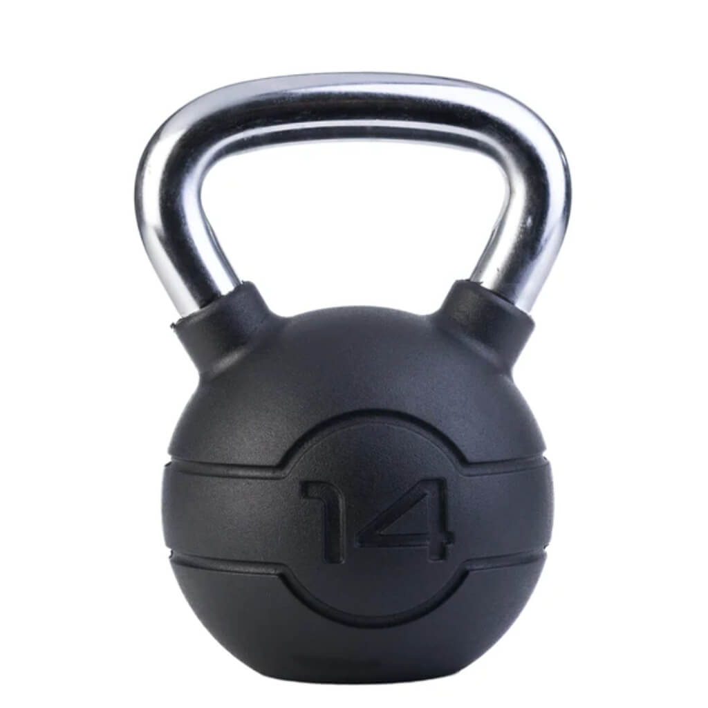 Jordan Fitness - Chrome/Rubber Kettlebells 14KG . black rubber bottom with a chrome handle 