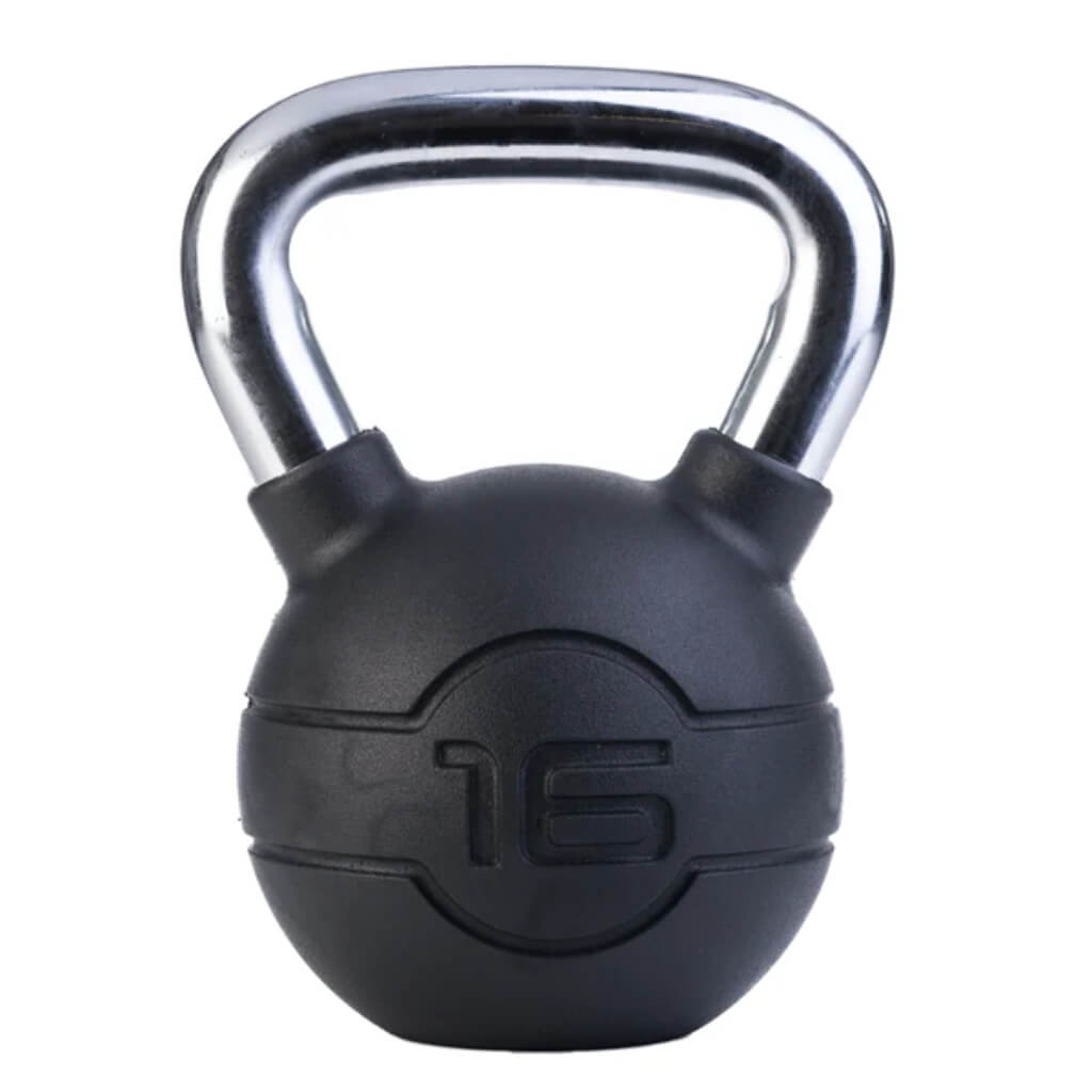 Jordan Fitness - Chrome/Rubber Kettlebells 16KG . black rubber bottom with a chrome handle 