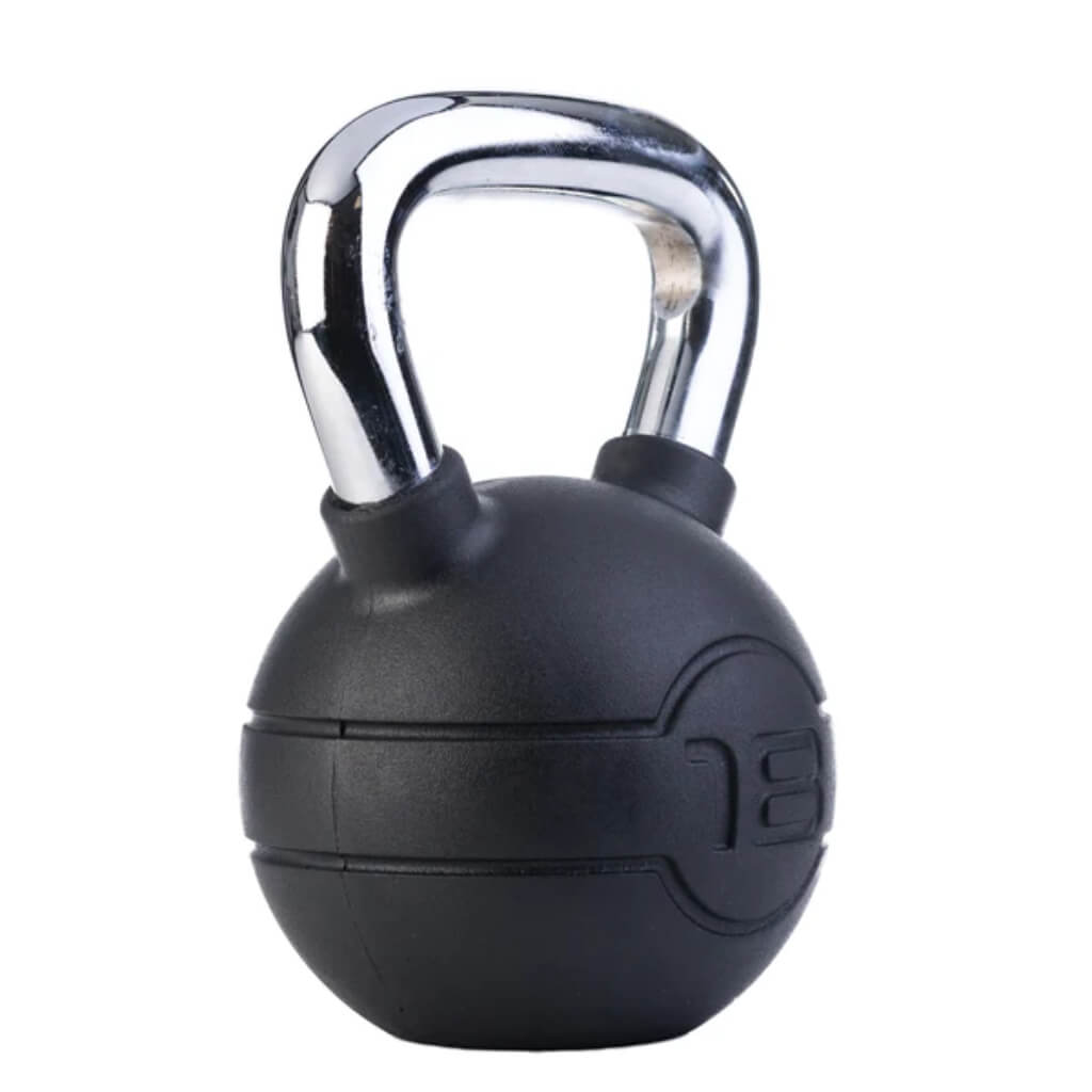Jordan Fitness - Chrome/Rubber Kettlebells 18KG . black rubber bottom with a chrome handle 