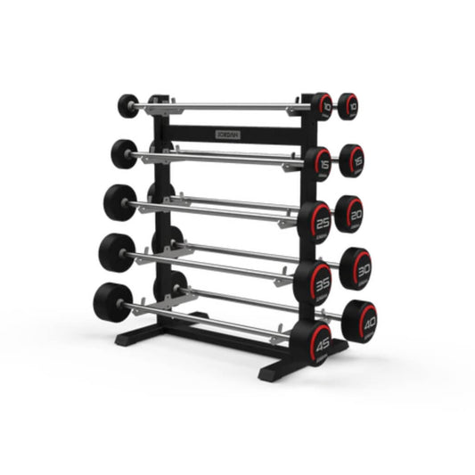 Jordan Fitness Barbell Racks red and black weights with a chrome bar ideal storage solution