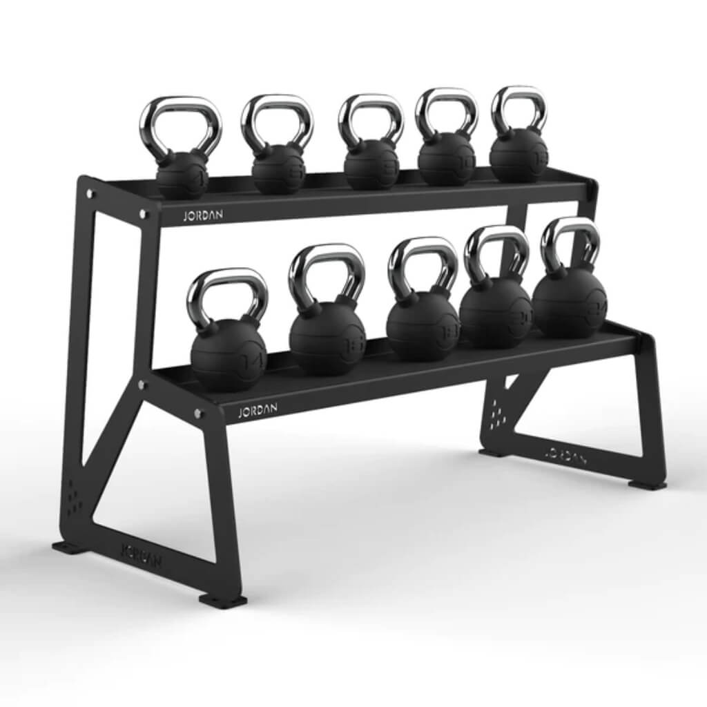 Jordan Fitness Kettlebell Storage Rack black a sleek storage solution designed to accommodate up to 10 Kettlebells
