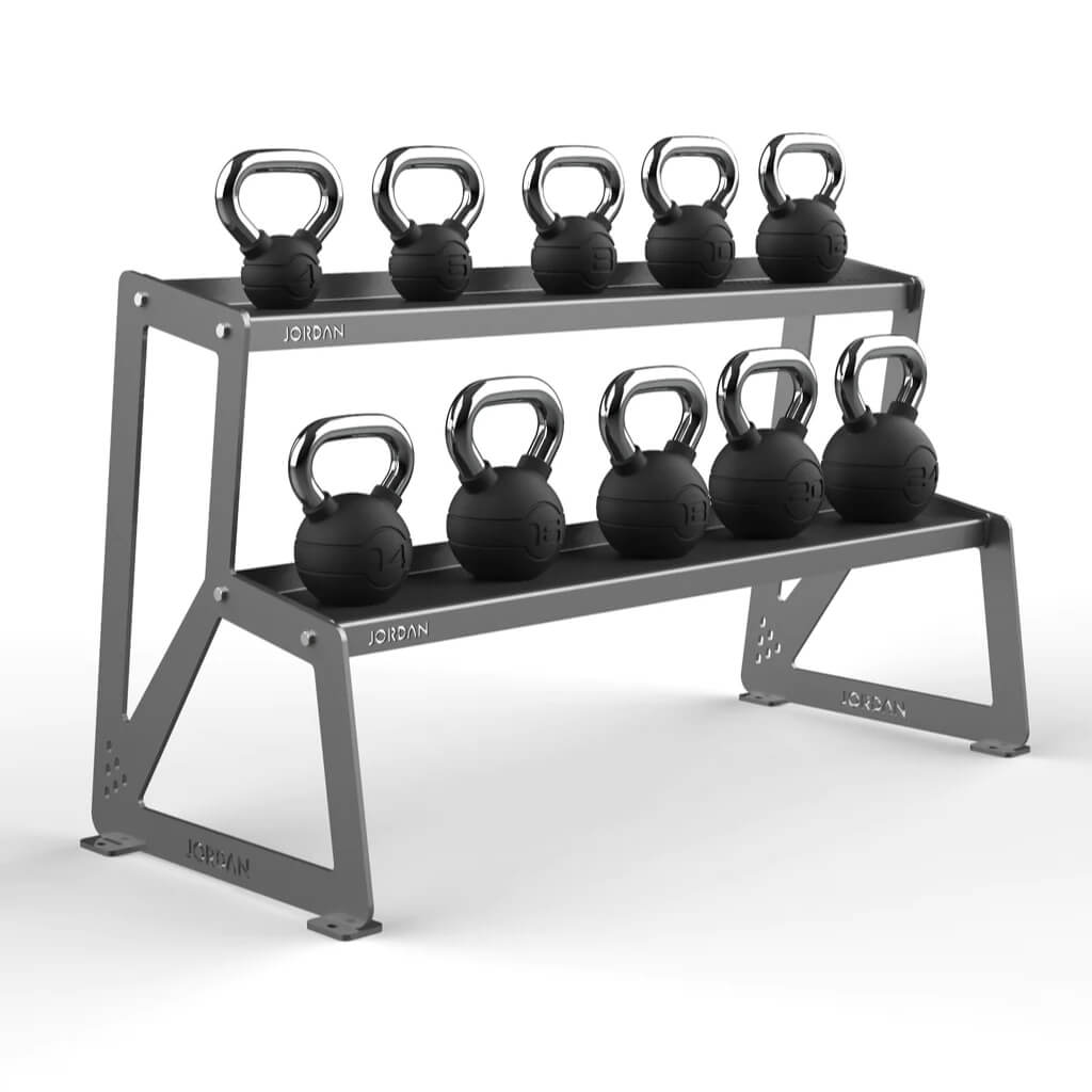 Jordan Fitness Kettlebell Storage Rack grey a sleek storage solution designed to accommodate up to 10 Kettlebells