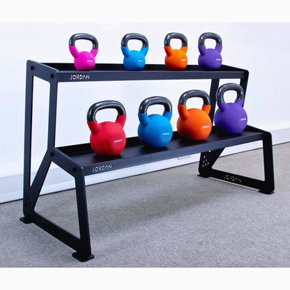 Jordan Fitness Kettlebell Storage Rack - Black with kettlebells on unit